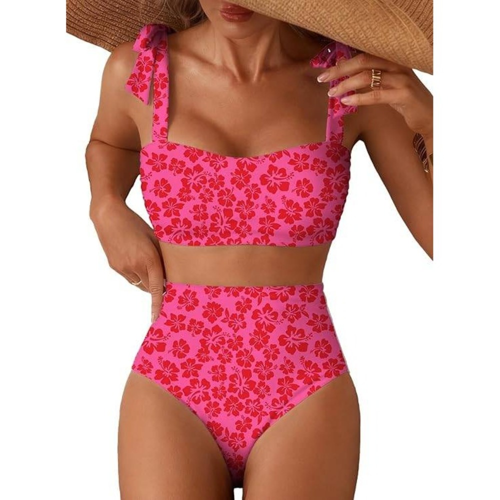 Pink Floral Hibiscus Bikini Set High Waisted Tummy Control Tie Shoulder‎ Medium